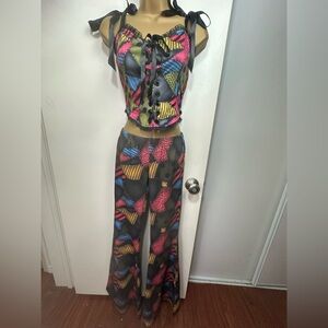 TRICKZ N' TREATZ  Mismatched Patchwork‎ Doll Flared Leggings & Lace Up Top NWT S